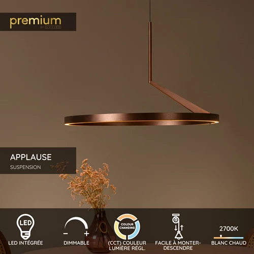 Lucide APPLAUSE - Suspension - Ø 60 cm - LED Dim. - CCT - 1x32W 2700K/4000K - Détecteur à balayage manuel - Café | Premium - USP